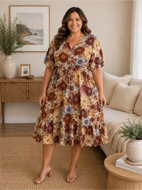 Plus Floral V-Neck Midi Dress in Brown Multi XL